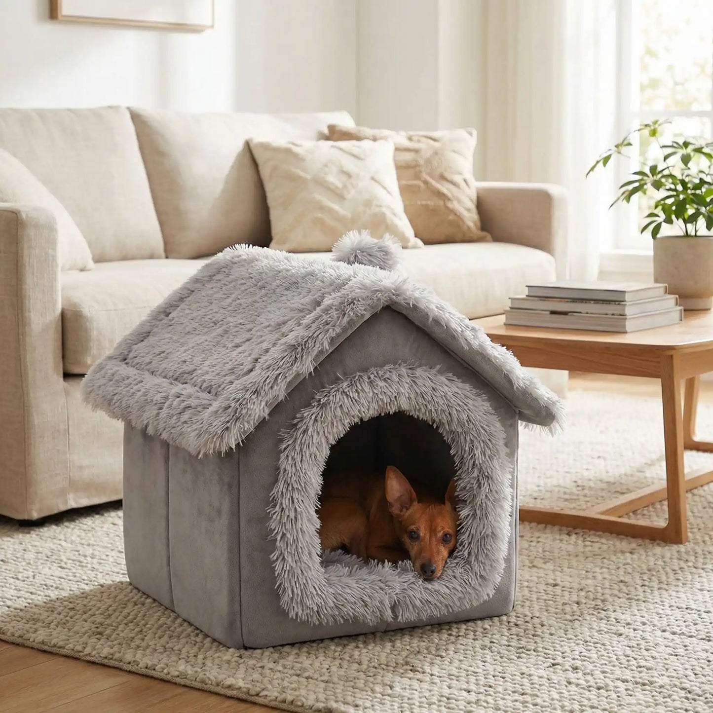 Maison-pour-chien-interieur-anti-stress, démontable, dehoussable et lavable en machine,chaude et douillette en peluche,et rembourrage 100% coton haute densité, coussin intérieur épais double-face: été et hiver et ergonomique amovible et lavable, en velours doux, pliable et transportable,compact et légère pour chien de petite taille de 0 à 5 kilos max-un chien de petite taille qui se repose niché dans sa petite maison taille S de couleur grise au chaud dans le salon de l'appartement