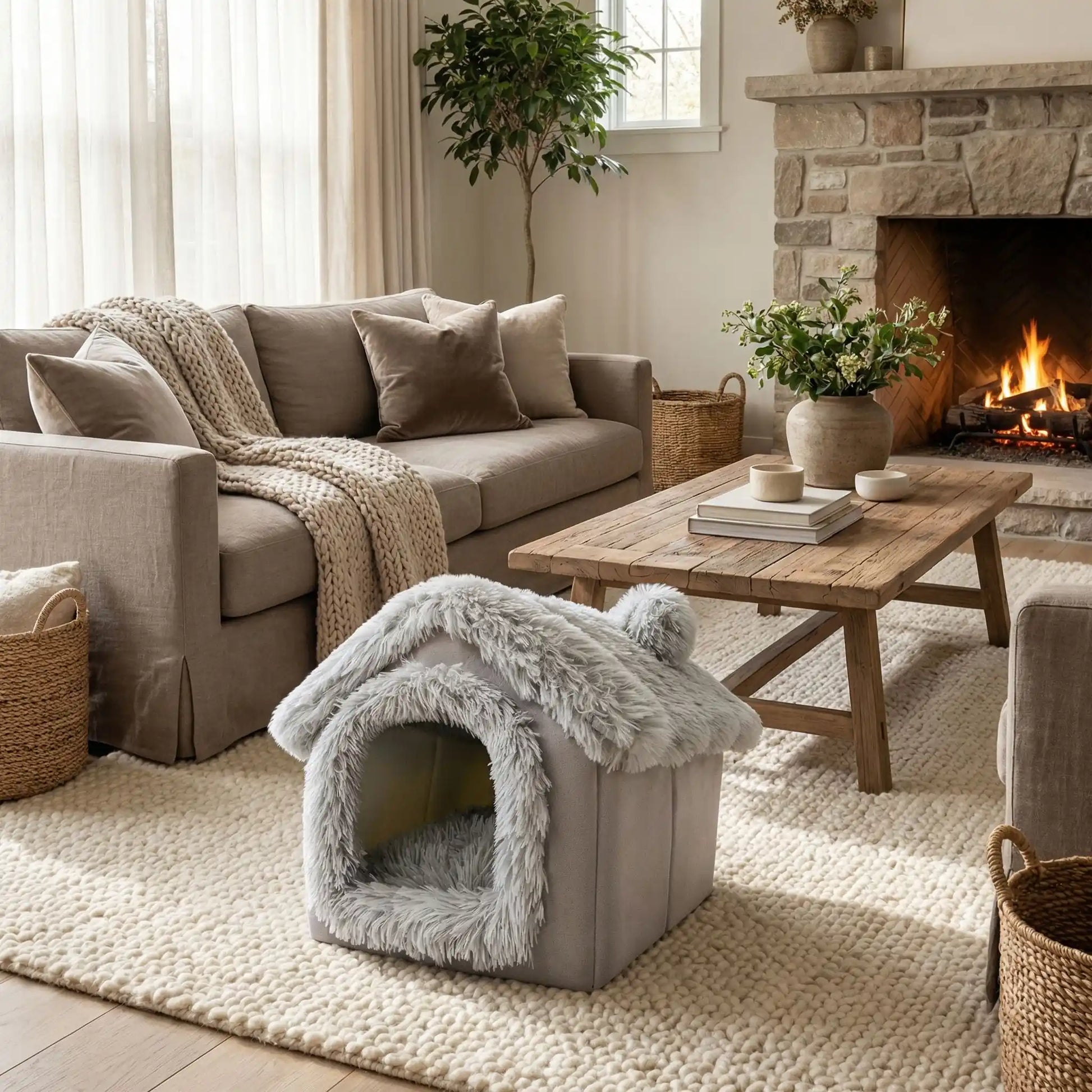 Maison-pour-chien-interieur-anti-stress, démontable, dehoussable et lavable en machine,chaude et douillette en peluche,et rembourrage 100% coton haute densité, coussin intérieur épais double-face: été et hiver et ergonomique amovible et lavable, en velours doux, pliable et transportable,compact et légère pour chien de petite taille de 0 à 5 kilos max-photo de la petite maison pour petit chien ou chiot, de couelur grise dans le salon de la maison