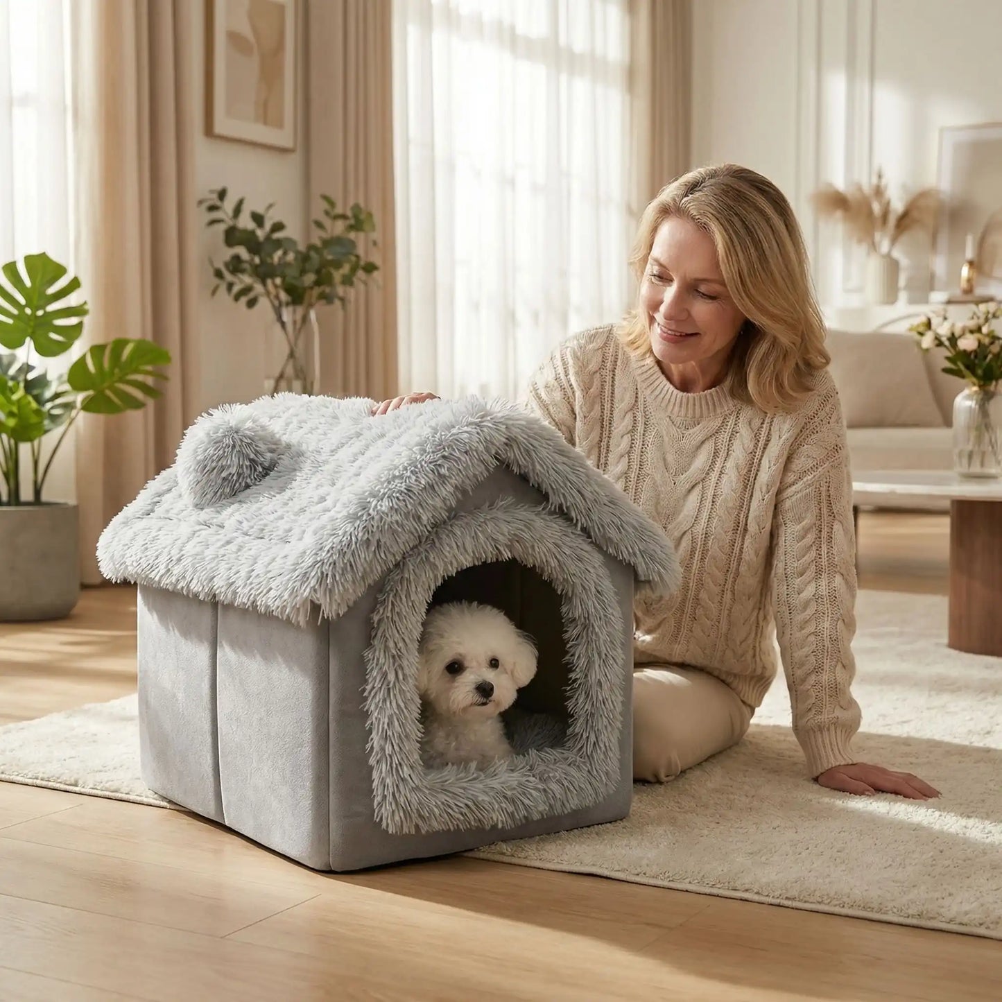 Maison-pour-chien-interieur-anti-stress, démontable, dehoussable et lavable en machine,chaude et douillette en peluche,et rembourrage 100% coton haute densité, coussin intérieur épais double-face: été et hiver et ergonomique amovible et lavable, en velours doux, pliable et transportable,compact et légère pour chien de petite taille de 0 à 5 kilos max-un Bichon niché dans sa petite maison au chaud avec sa maitresse sourante assise à côté de la niche dans le salon de la maison