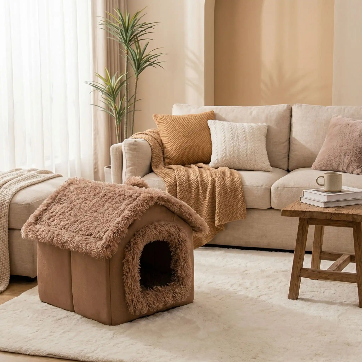 Maison-pour-chien-interieur-anti-stress, démontable, dehoussable et lavable en machine,chaude et douillette en peluche,et rembourrage 100% coton haute densité, coussin intérieur épais double-face: été et hiver et ergonomique amovible et lavable, en velours doux, pliable et transportable,compact et légère pour chien de petite taille de 0 à 5 kilos max-de couelur marron er disponible en 2 tailles XS et S pour chien de race Toy, de petite taille, sensibles au froid, anxieux ou sensible au bruit