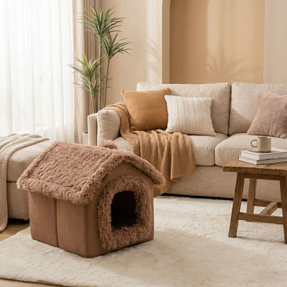 Maison-pour-chien-interieur-anti-stress, démontable, dehoussable et lavable en machine,chaude et douillette en peluche,et rembourrage 100% coton haute densité, coussin intérieur épais double-face: été et hiver et ergonomique amovible et lavable, en velours doux, pliable et transportable,compact et légère pour chien de petite taille de 0 à 5 kilos max-de couelur marron er disponible en 2 tailles XS et S pour chien de race Toy, de petite taille, sensibles au froid, anxieux ou sensible au bruit