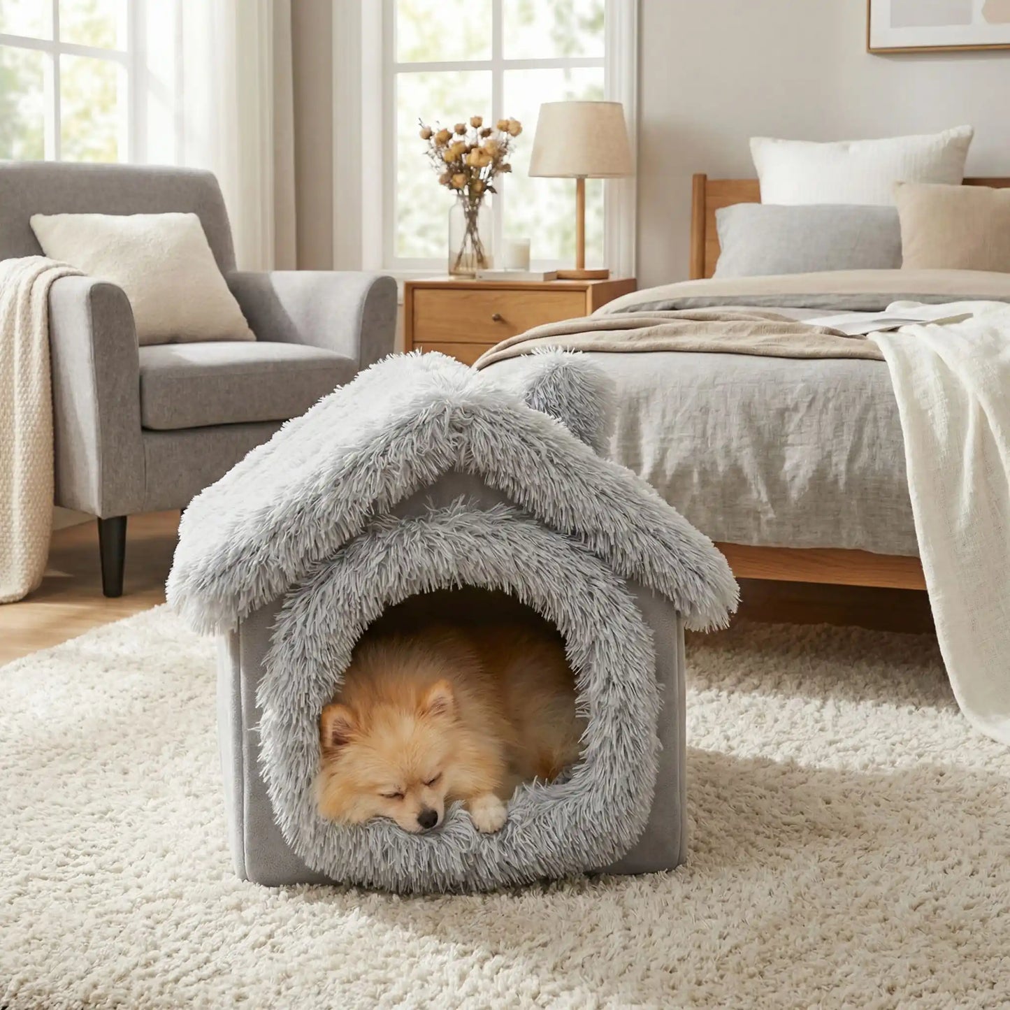 Maison-pour-chien-interieur-anti-stress, démontable, dehoussable et lavable en machine,chaude et douillette en peluche,et rembourrage 100% coton haute densité, coussin intérieur épais double-face: été et hiver et ergonomique amovible et lavable, en velours doux, pliable et transportable,compact et légère pour chien de petite taille de 0 à 5 kilos max-un Loulou de poméranie qui dort paisiblement dans sa petite maison chaud dans la chambre de la maison