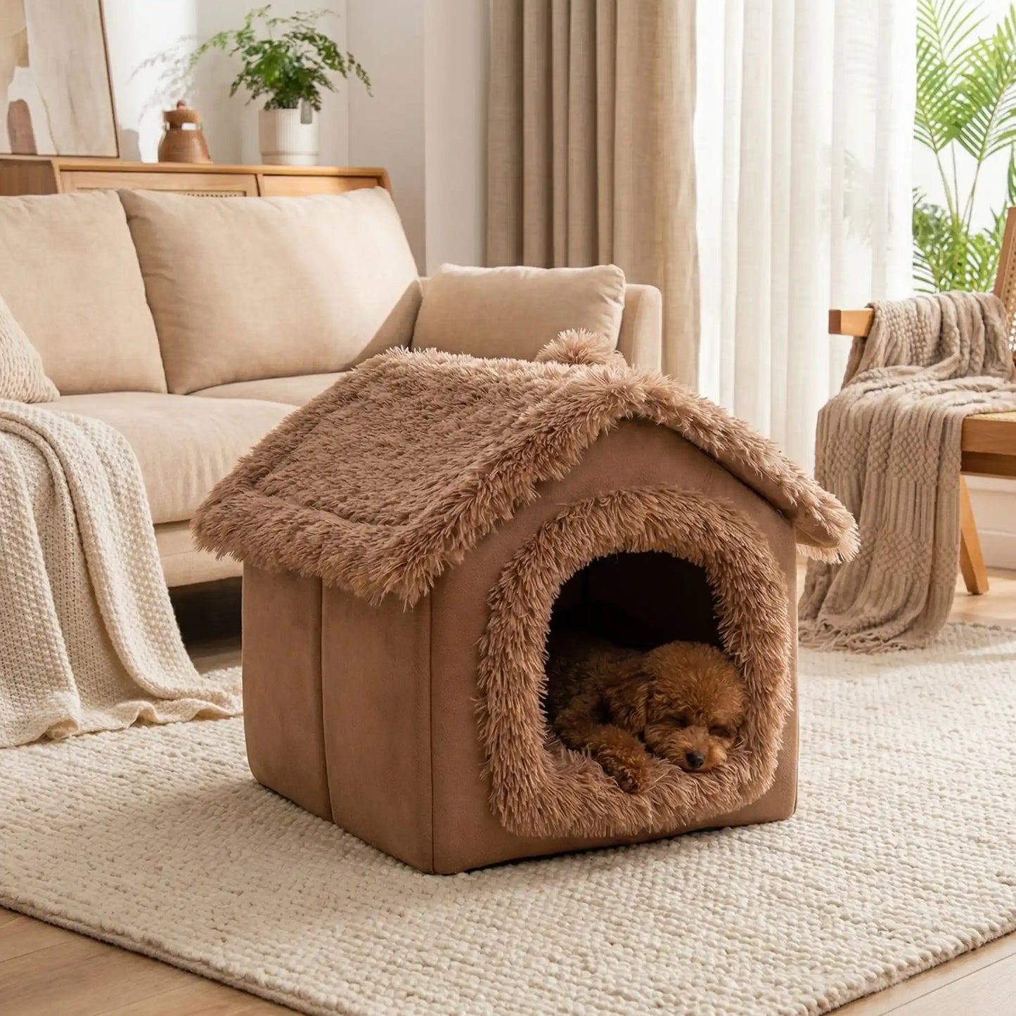 Maison-pour-chien-interieur-anti-stress, démontable, dehoussable et lavable en machine,chaude et douillette en peluche,et rembourrage 100% coton haute densité, coussin intérieur épais double-face: été et hiver et ergonomique amovible et lavable, en velours doux, pliable et transportable,compact et légère pour chien de petite taille de 0 à 5 kilos max-un caniche nain qui dort niché dans sa petite maison taille S de couleur marron au chaud dans le salon de la maison