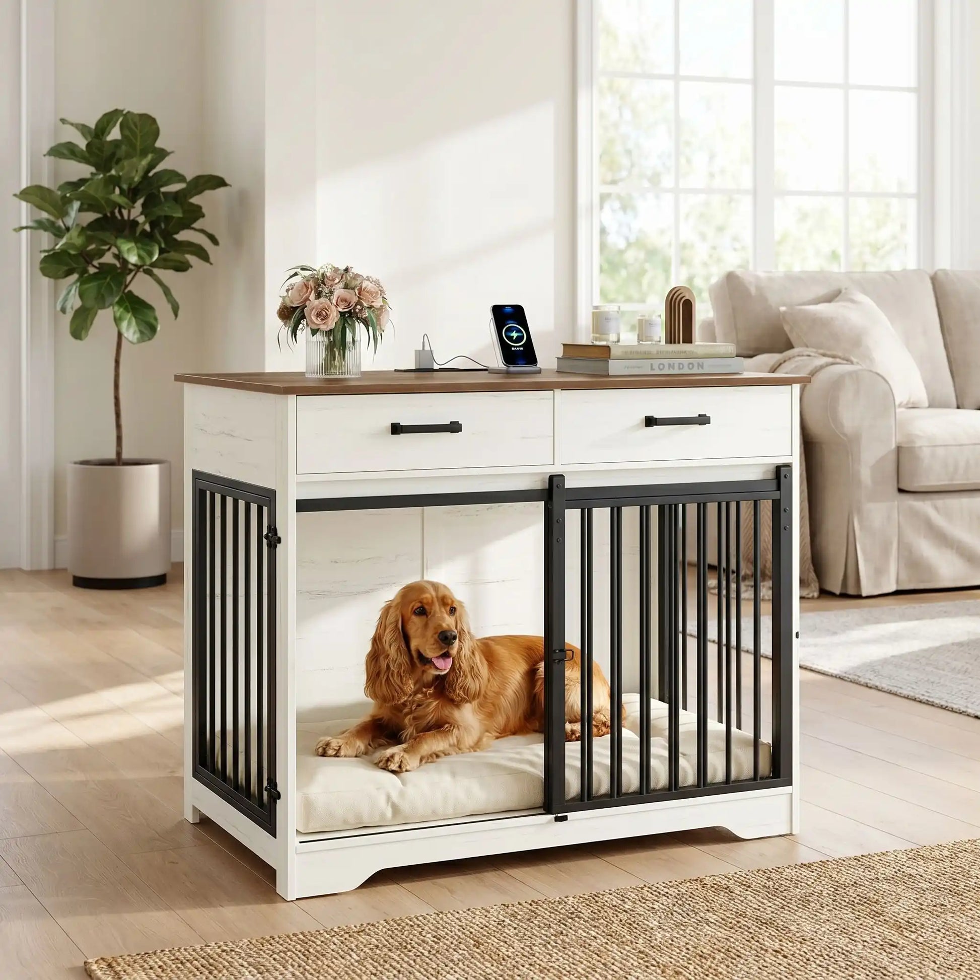 Meuble-cage-pour-chien-petit et moyenne taille-cage-97 cm en bois foncé et blanc, 3 portes avec 1 porte avant coulissante avant en barreaux acier robuste et deux portes latérales en barreaux noir, avec deux tiroirs de rangement, rectangulaire et design moderne, imperméable et robuste avec serrures pour chiot et chien de 0 à 25 kg-un chien de race moyenne couché confortablement dans le meuble niche avec porte à barreaux avant ouverte et portes latérales fermées dans le salon de l'appartement