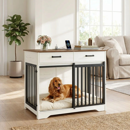 Meuble-cage-pour-chien-petit et moyenne taille-cage-97 cm en bois foncé et blanc, 3 portes avec 1 porte avant coulissante avant en barreaux acier robuste et deux portes latérales en barreaux noir, avec deux tiroirs de rangement, rectangulaire et design moderne, imperméable et robuste avec serrures pour chiot et chien de 0 à 25 kg-un chien de race moyenne couché confortablement dans le meuble niche avec porte à barreaux avant ouverte et portes latérales fermées dans le salon de l'appartement