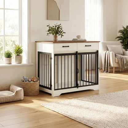 Meuble-cage-pour-chien-petit et moyenne taille-cage-97 cm en bois marron foncé et blanc, 3 portes avec 1 porte avant coulissante avant en barreaux acier robuste et deux portes latérales en barreaux noir, avec deux tiroirs de rangement, rectangulaire et design moderne, imperméable et robuste avec serrures pour chiot et chien de 0 à 25 kg-gros plan sur le meuble cage avec ses 3 portes fermées avec sa prise intégrée branché pour la station de recharge intégré sur la console avec prise type C et USB
