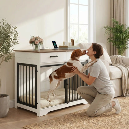 Meuble-cage-pour-chien-petit et moyenne taille-cage-97 cm en bois foncé et blanc, 3 portes avec 1 porte avant coulissante avant en barreaux acier robuste et deux portes latérales en barreaux noir, avec deux tiroirs de rangement, rectangulaire et design moderne, imperméable et robuste avec serrures pour chiot et chien de 0 à 25 kg-un chien de chasse qui sort de son meuble niche par la porte avant our faire la fête en léchant son maitre content de le retrouver dans le salon de la maison