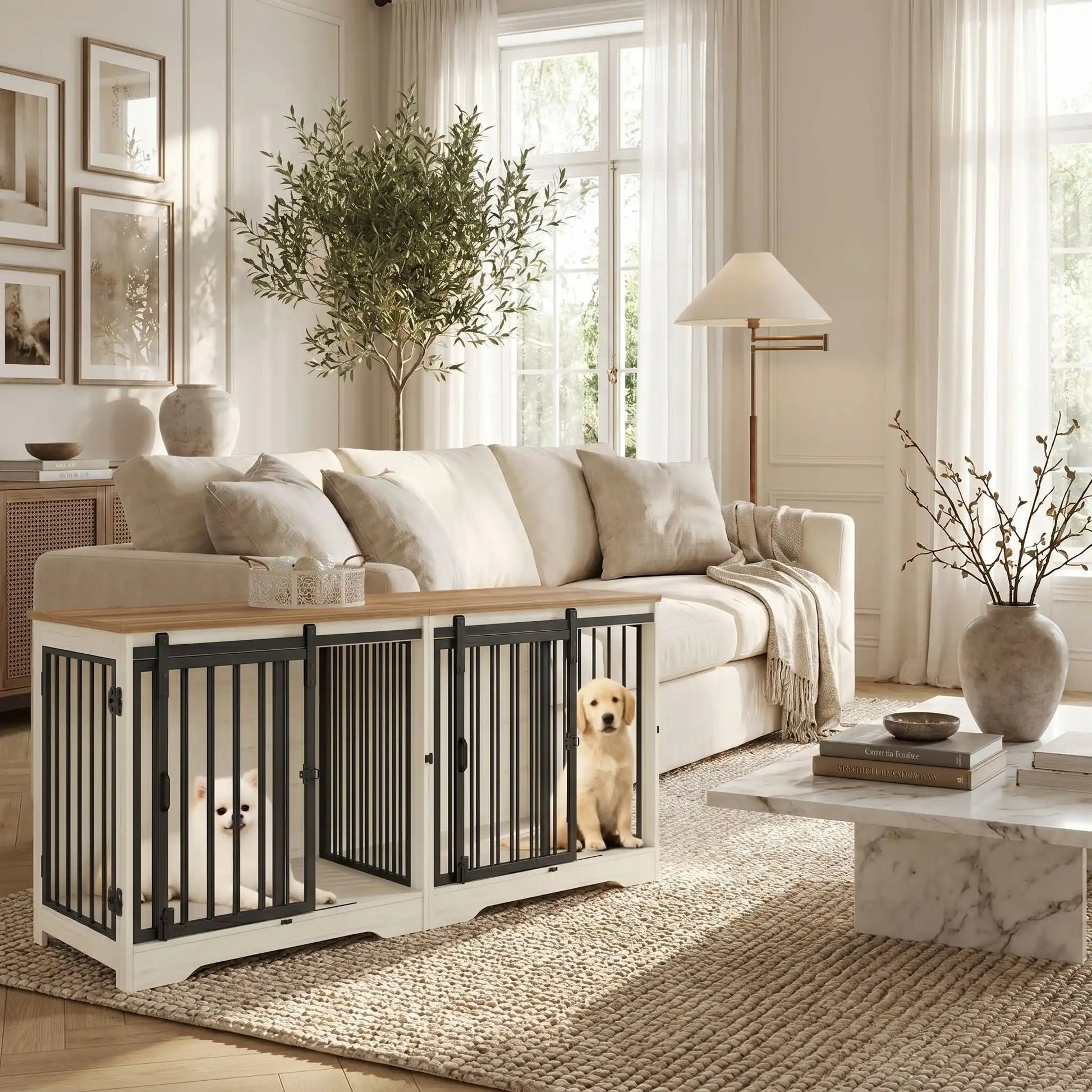 Meuble-cage-pour-chien-doublepetit et moyenne taille-cage 136 cm bois foncé et blanc, 4 portes avec 2 portes avant coulissantes avant en barreaux acier robuste et deux portes latérales en barreaux noir, avec séparateur amovible au milieu, rectangulaire et design moderne, imperméable et robuste avec serrures pour chiot et chien-un chiot et un petit chien couchés confortablement dans le meuble niche avec porte à barreaux avant et séparateur fermé et portes latérales fermées dans le salon de la maison