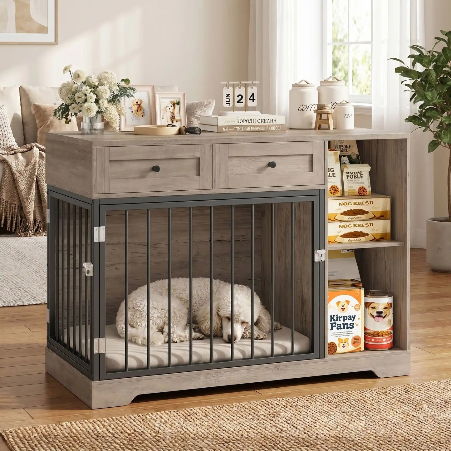 Meuble-cage-chien-chiot-interieur-120-cm en bois et acier inxydable avec deux porte d'accès pour le chien, porte latérale et porte avant avec serrures robuste et avec 2 étagères sur le coté du meuble et 2 tiroirs pour le rangement de l'alimentation et des accessoire canin et console pour des objet décoratif pour chiot et chien de petite à moyenne taille de 0 à 25 kg- un caniche moyen qui dort paisiblement sur son matelas dans le meuble niche avec les 2 portes fermées en cage dans le salon de l'appartement
