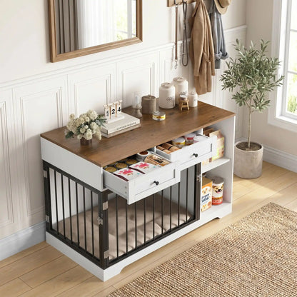 Meuble-cage-chien-chiot-interieur-120-cm en bois et acier inxydable avec deux porte d'accès pour le chien, porte latérale et porte avant avec serrures robuste et avec 2 étagères sur le coté du meuble et 2 tiroirs pour le rangement de l'alimentation et des accessoire canin et console pour des objet décoratif pour chiot et chien de petite à moyenne taille de 0 à 25 kg- gros plan sur le meuble niche cage pour chiot et chien de petite à moyenne taille avec deux tiroirs et 2 étagères en bois blanc