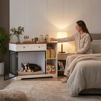 Meuble-cage-chien-chiot-interieur-120-cm en bois et acier inxydable avec deux porte d'accès pour le chien, porte latérale et porte avant avec serrures robuste et avec 2 étagères sur le coté du meuble et 2 tiroirs pour le rangement de l'alimentation et des accessoire canin et console pour des objet décoratif pour chiot et chien de petite à moyenne taille de 0 à 25 kg- un Boston terrier couché confortablement dans le meuble cage avec la porte avant ouverte à côté du lit de sa maitresse comme table de nuit 