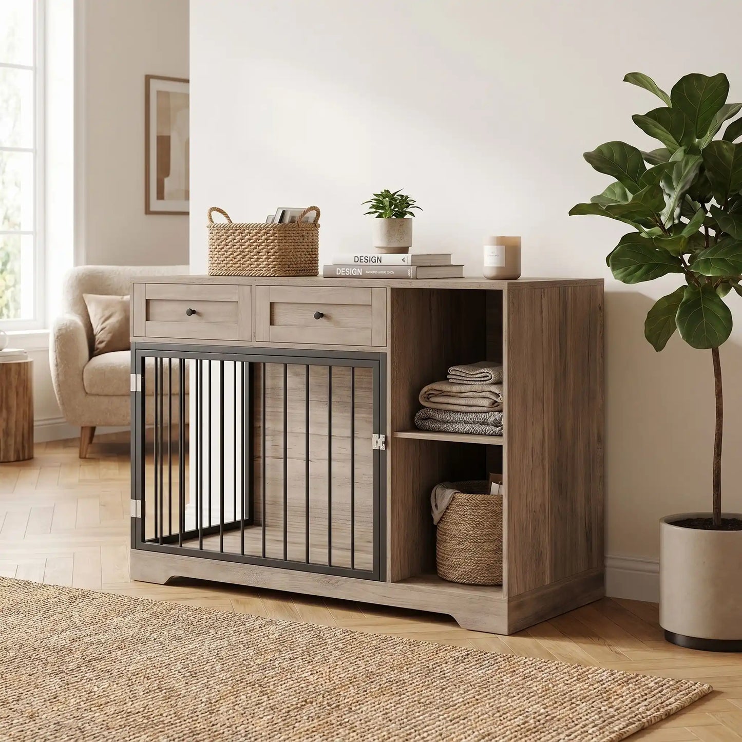 Meuble-cage-chien-chiot-interieur-120-cm en bois et acier inxydable avec deux porte d'accès pour le chien, porte latérale et porte avant avec serrures robuste et avec 2 étagères sur le coté du meuble et 2 tiroirs pour le rangement de l'alimentation et des accessoire canin et console pour des objet décoratif pour chiot et chien de petite à moyenne taille de 0 à 25 kg- gros plan sur le meuble niche cage pour chiot et chien de petite à moyenne taille avec deux tiroirs  et 2 étagères de couleur bois foncé