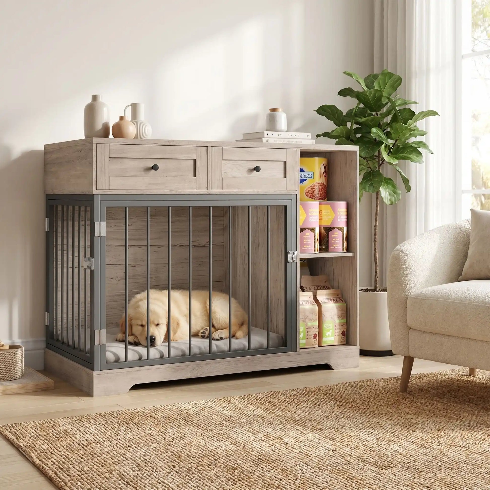 Meuble-cage-chien-chiot-interieur-120-cm en bois et acier inxydable avec deux porte d'accès pour le chien, porte latérale et porte avant avec serrures robuste et avec 2 étagères sur le coté du meuble et 2 tiroirs pour le rangement de l'alimentation et des accessoire canin et console pour des objet décoratif pour chiot et chien de petite à moyenne taille de 0 à 25 kg- un chiot de race moyenne qui dort paisiblement sur son matelas dans le meuble cage avec les portes fermées dans le salon de l'appartement