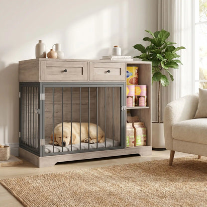 Meuble-cage-chien-chiot-interieur-120-cm en bois et acier inxydable avec deux porte d'accès pour le chien, porte latérale et porte avant avec serrures robuste et avec 2 étagères sur le coté du meuble et 2 tiroirs pour le rangement de l'alimentation et des accessoire canin et console pour des objet décoratif pour chiot et chien de petite à moyenne taille de 0 à 25 kg- un chiot de race moyenne qui dort paisiblement sur son matelas dans le meuble cage avec les portes fermées dans le salon de l'appartement
