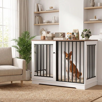 Meuble-cage-chien-chiot-niche-bois-acier 120 cm avec sa station d'alimentation et son support et 2 gamelles surélevés amovible pour une installation à l'intérieur ou à l'extérieur du meuble niche avec sa porte avant coulissante en barreaux solides pour une version fermée en cage avec sa serrure sécurisée, adapté au chiot et choen de 0 à 30 kg-un chien de moyenne race assis conofrtablement dans son grand meuble niche en bois blanc et plateau en couleur bois naturel avec porte coulissante avant fermée 
