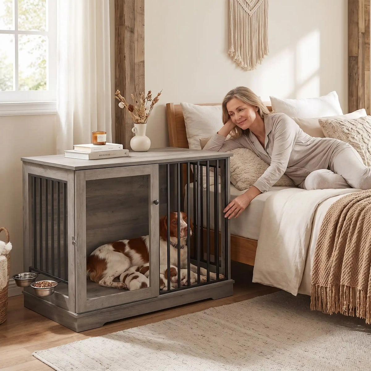 Meuble-cage-chien-chiot-niche-bois-acier 120 cm avec sa station d'alimentation et son support et 2 gamelles surélevés amovible pour une installation à l'intérieur ou à l'extérieur du meuble niche avec sa porte avant coulissante en barreaux solides pour une version fermée en cage avec sa serrure sécurisée, adapté au chiot et chien de 0 à 30 kg-un chien de taille moyenne avec ses chiots couchés conofrtablement dans le meuble niche en bois xl utlisé comme table de chevet à côté du lit de sa maitresse allongée