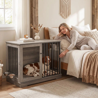 Meuble-cage-chien-chiot-niche-bois-acier 120 cm avec sa station d'alimentation et son support et 2 gamelles surélevés amovible pour une installation à l'intérieur ou à l'extérieur du meuble niche avec sa porte avant coulissante en barreaux solides pour une version fermée en cage avec sa serrure sécurisée, adapté au chiot et chien de 0 à 30 kg-un chien de taille moyenne avec ses chiots couchés conofrtablement dans le meuble niche en bois xl utlisé comme table de chevet à côté du lit de sa maitresse allongée