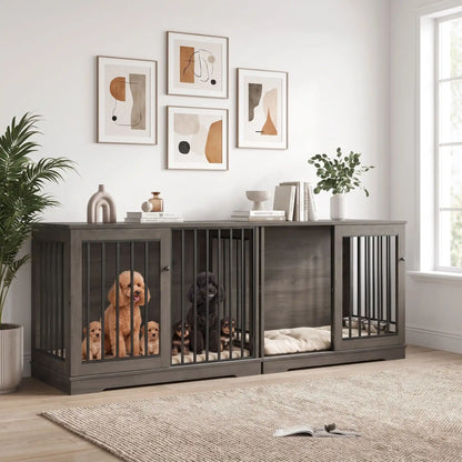 Meuble-cage-chien-chiot-niche-bois-acier 120 cm avec sa station d'alimentation et son support et 2 gamelles surélevés amovible pour une installation à l'intérieur ou à l'extérieur du meuble niche avec sa porte avant coulissante en barreaux solides pour une version fermée en cage avec sa serrure sécurisée, adapté au chiot et chien de 0 à 30 kg-gros plan deux meubles niches en bois gris côte à côte avec deux chiens moyens et leurs chiot et l'autre meuble ouvert avec un couchage pour chien dans le salon 