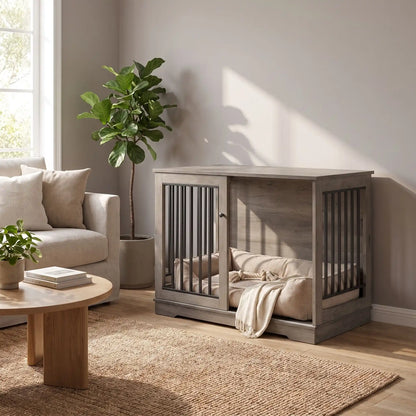 Meuble-cage-chien-chiot-niche-bois-acier 120 cm avec sa station d'alimentation et son support et 2 gamelles surélevés amovible pour une installation à l'intérieur ou à l'extérieur du meuble niche avec sa porte avant coulissante en barreaux solides pour une version fermée en cage avec sa serrure sécurisée, adapté au chiot et choen de 0 à 30 kg-gros plan sur le meuble niche en bois gris design et moderne avec ses barreaux sur 180° pour un effet niche sécurisant et ouvert dans le salon de l'appartement