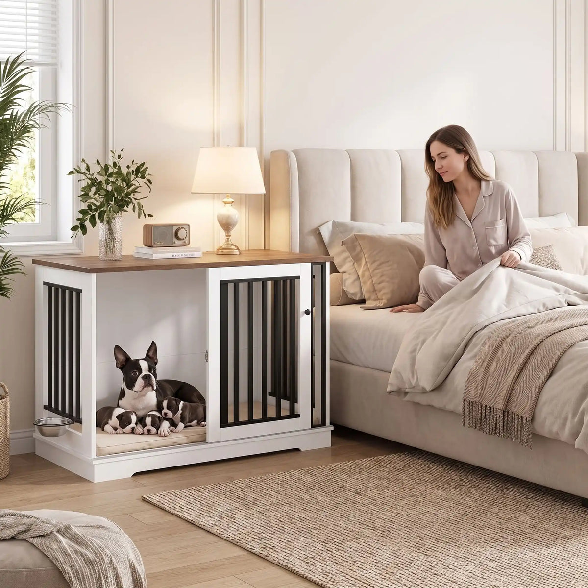 Meuble-cage-chien-chiot-niche-bois-acier 120 cm avec station d'alimentation et son support et 2 gamelles surélevés amovible pour une installation à l'intérieur ou à l'extérieur du meuble niche avec sa porte avant coulissante en barreaux solides pour une version fermée en cage avec sa serrure sécurisée, adapté au chiot et choen de 0 à 30 kg-un chien de race moyenne confortablement couché avec ses chiots dans le meuble niche en bois blanc, plateau en couleur bois en table de nuit à côté du lit de ses maitres 