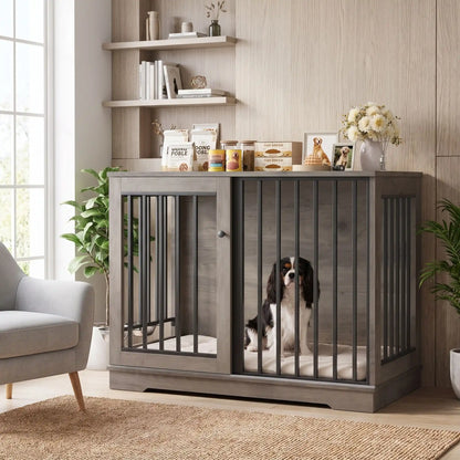 Meuble-cage-chien-chiot-niche-bois-acier 120 cm avec sa station d'alimentation et son support et 2 gamelles surélevés amovible pour une installation à l'intérieur ou à l'extérieur du meuble niche avec sa porte avant coulissante en barreaux solides pour une version fermée en cage avec sa serrure sécurisée, adapté au chiot et choen de 0 à 30 kg-un chien de taille moyenne assis conofrtablement dans le meuble niche en bois gris et barreaux noir sur 180° avec porte coulissante fermée dans le salon de la maison
