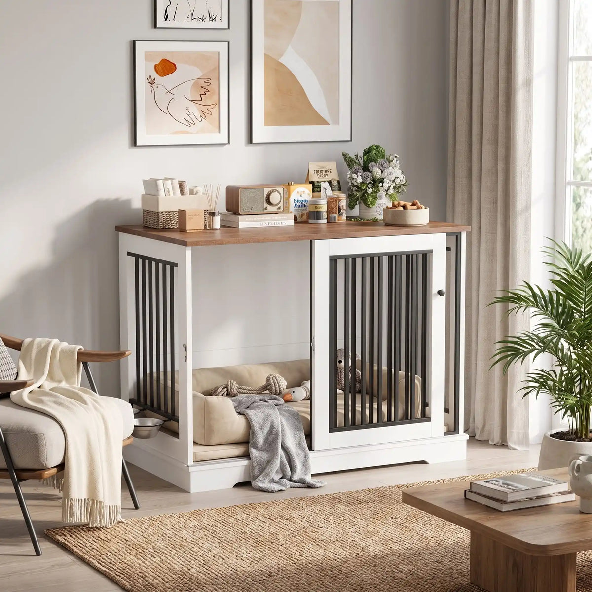 Meuble-cage-chien-chiot-niche-bois-acier 120 cm avec sa station d'alimentation et son support et 2 gamelles surélevés amovible pour une installation à l'intérieur ou à l'extérieur du meuble niche avec sa porte avant coulissante en barreaux solides pour une version fermée en cage avec sa serrure sécurisée, adapté au chiot et chien de 0 à 30 kg-gros plan sur le meuble niche en bois blanc et plateau en couleur bois naturel, barreaux sur 180° pour un effet niche sécurisant et ouvert dans le salon de la maison