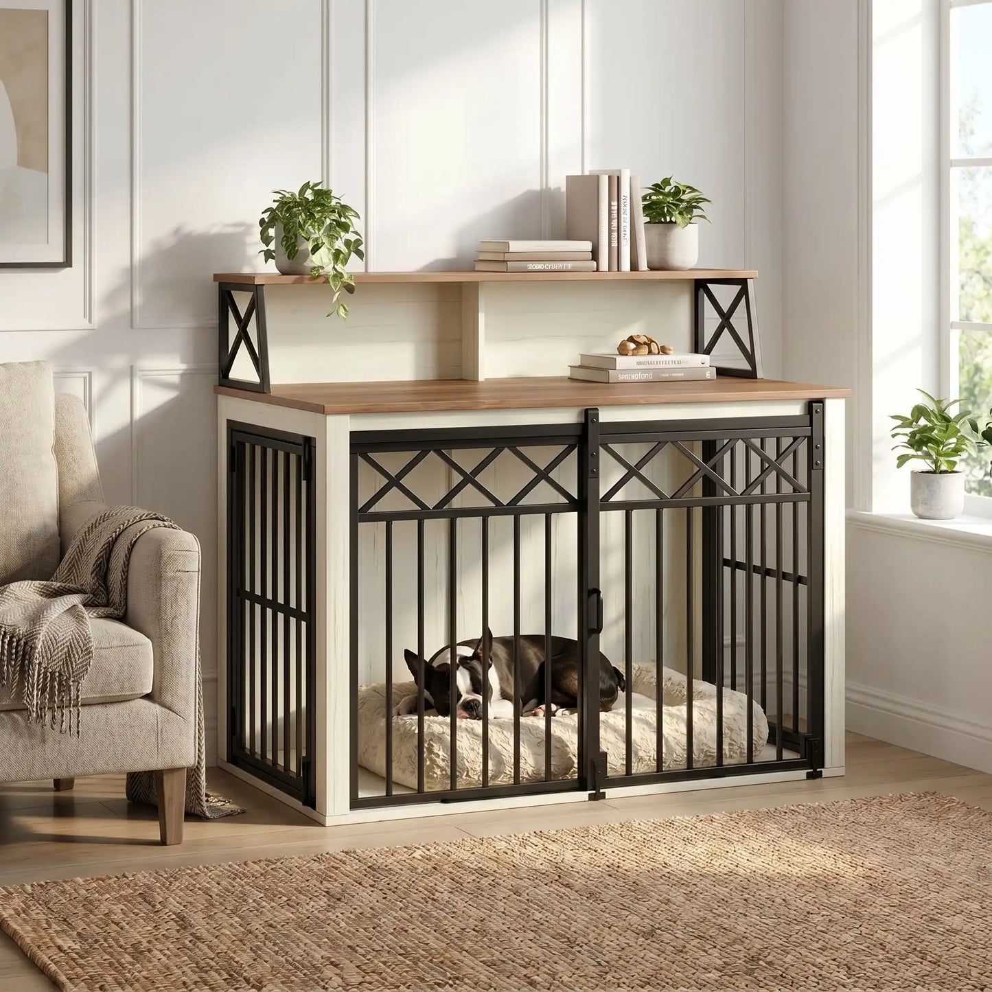 Meuble-cage-chien-chiot-design 3 portes : 1 porte avant coulissante et 2 portes latérales avec serrure sécurisé en acier robuste et épais et bois composite de couleur blanc et bois avec étagères de rangement pour les accessoire canins pour chiot et chien de petite à moyenne taille de 0 à 20 kg de 100 cm de long-un chiot bouledogue français qui dort sur son matelas douillet dans le meuble cage en acier et bois avec la porte avant coulissante fermée et accesoires dans les étagères dans le salon de la maison