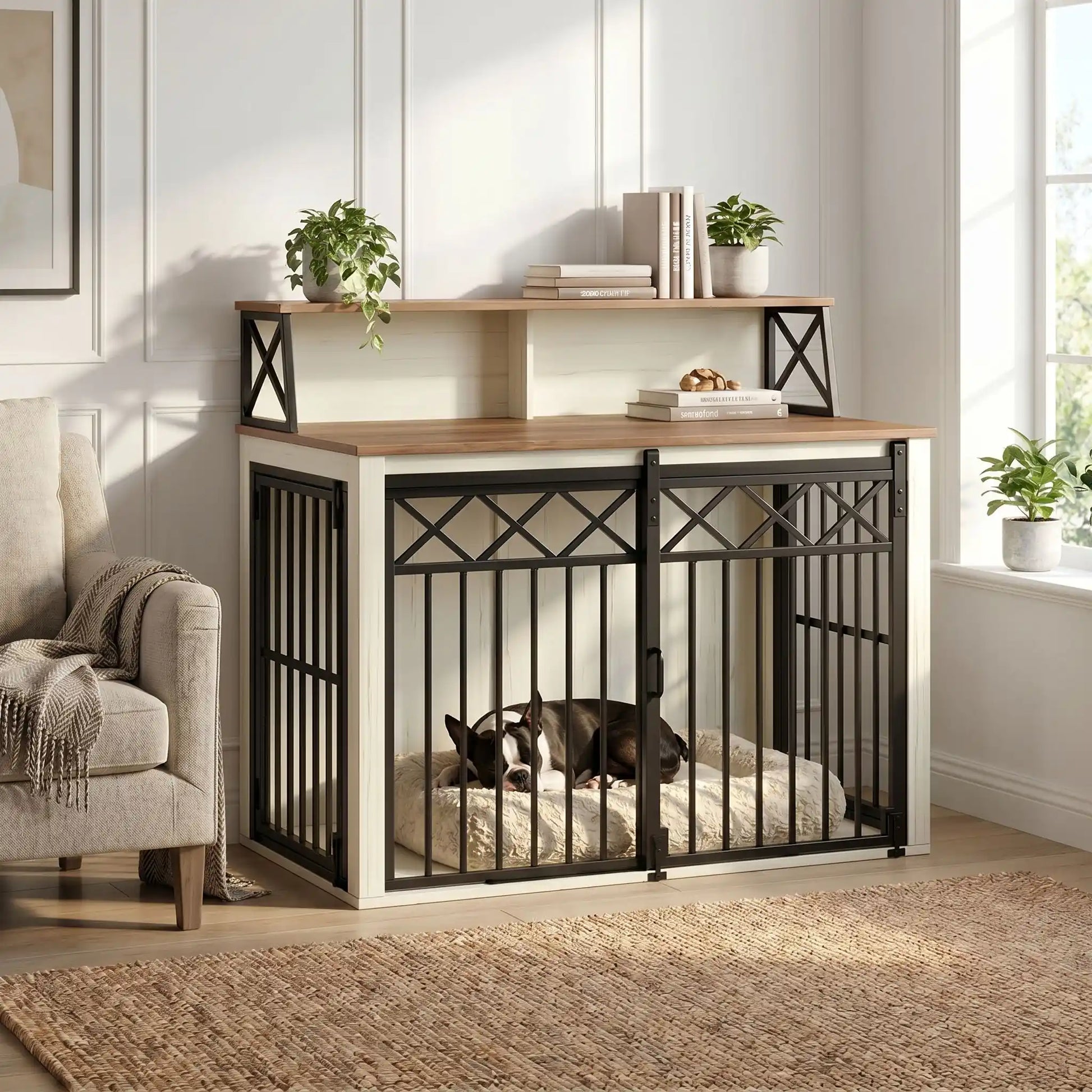 Meuble-cage-chien-chiot-design 3 portes : 1 porte avant coulissante et 2 portes latérales avec serrure sécurisé en acier robuste et épais et bois composite de couleur blanc et bois avec étagères de rangement pour les accessoire canins pour chiot et chien de petite à moyenne taille de 0 à 20 kg de 100 cm de long-un chiot bouledogue français qui dort sur son matelas douillet dans le meuble cage en acier et bois avec la porte avant coulissante fermée et accesoires dans les étagères dans le salon de la maison
