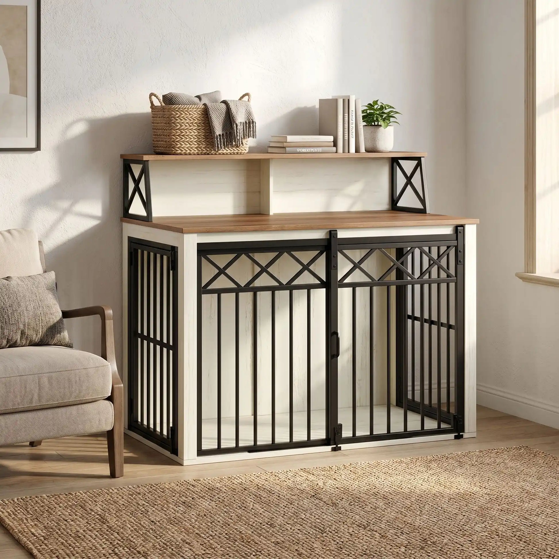 Meuble-cage-chien-chiot-design 3 portes : 1 porte avant coulissante et 2 portes latérales avec serrure sécurisé en acier robuste et épais et bois composite de couleur blanc et bois avec étagères de rangement pour les accessoire canins pour chiot et chien de petite à moyenne taille de 0 à 20 kg de 100 cm de long-gros plan sur le meuble cage en acier et bois avec la porte avant coulissante fermée et accessoires avec ses deux étagères dans le salon de la maison