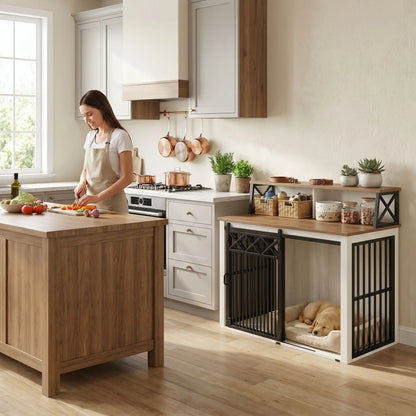 Meuble-cage-chien-chiot-design 3 portes : 1 porte avant coulissante et 2 portes latérales avec serrure sécurisé en acier robuste et épais et bois composite de couleur blanc et bois avec étagères de rangement pour les accessoire canins pour chiot et chien de petite à moyenne taille de 0 à 20 kg de 100 cm de long-un chiot golden retriever qui dort dans son panier douillet dans le meuble cage en acier et bois avec la porte avant coulissante avec sa maitresse qui cuisine à côté dans la cuisine de l'appartement