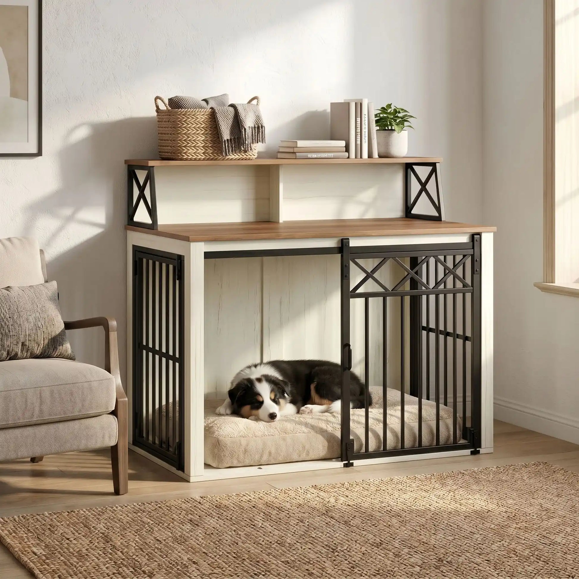 Meuble-cage-chien-chiot-design 3 portes : 1 porte avant coulissante et 2 portes latérales avec serrure sécurisé en acier robuste et épais et bois composite de couleur blanc et bois avec étagères de rangement pour les accessoire canins pour chiot et chien de petite à moyenne taille de 0 à 20 kg de 100 cm de long-un chiot de race moyenne qui dort dans son panier douillet dans le meuble cage en acier et bois avec la porte avant coulissante ouverte et accessoires dans les étagères dans le salon de l'appartement