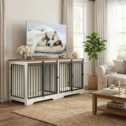 Meuble-cage-pour-chien-doublepetit et moyenne taille-cage 136 cm bois foncé et blanc, 4 portes avec 2 portes avant coulissantes avant en barreaux acier robuste et deux portes latérales en barreaux noir, avec séparateur amovible au milieu, rectangulaire et design moderne, imperméable et robuste avec serrures pour chiot et chien-gros plan sur  le meuble niche avec porte à barreaux avant et séparateur ouverts et portes latérales fermées par serrures et décoration dessus dans le salon de la maison
