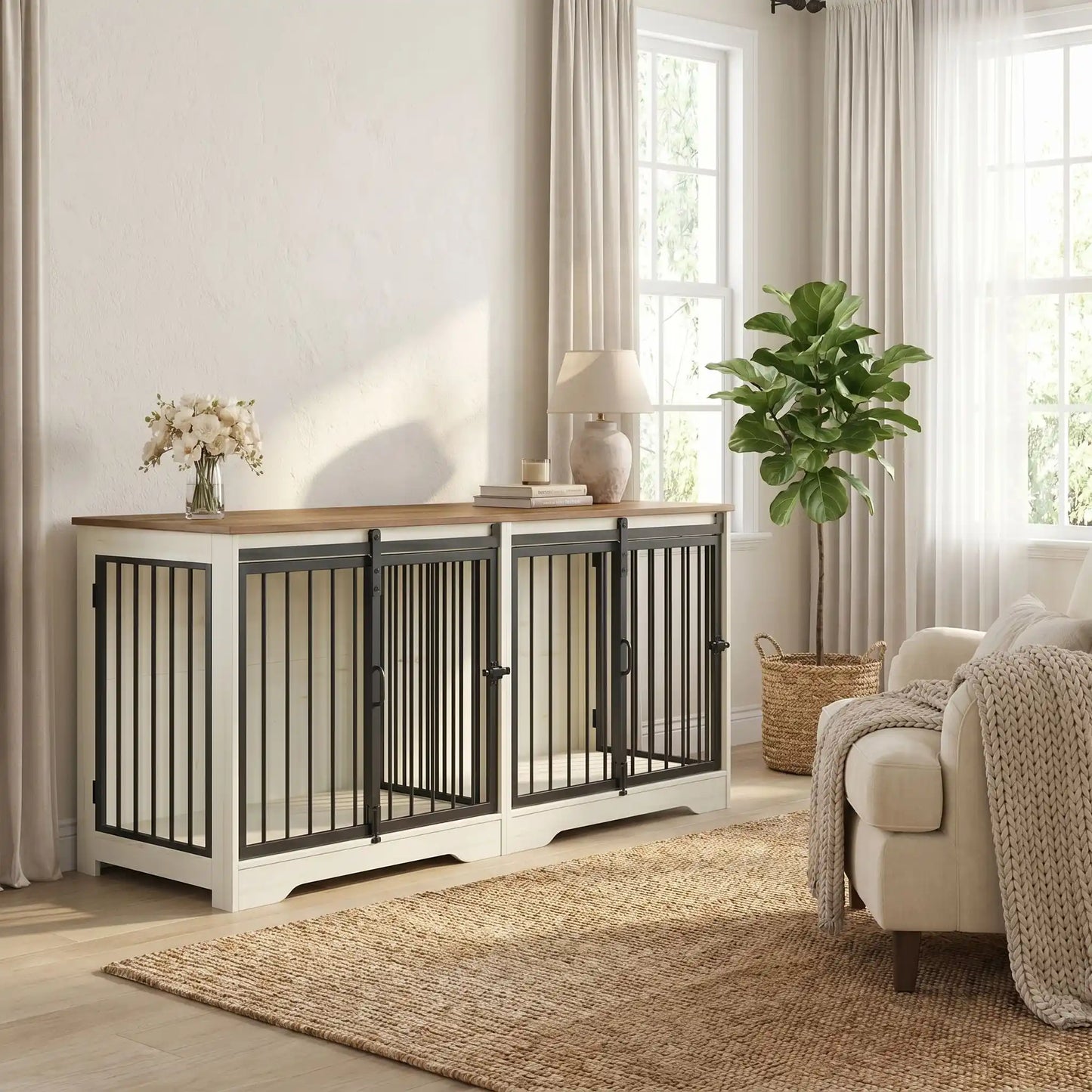 Meuble-cage-pour-chien-doublepetit et moyenne taille-cage 136 cm bois foncé et blanc, 4 portes avec 2 portes avant coulissantes avant en barreaux acier robuste et deux portes latérales en barreaux noir, avec séparateur amovible au milieu, rectangulaire et design moderne, imperméable et robuste avec serrures pour chiot et chien-gros plan sur  le meuble niche avec porte à barreaux avant et séparateur ouverts et portes latérales fermées par serrures et décoration dessus dans le salon de l'appartement