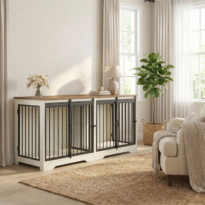 Meuble-cage-pour-chien-doublepetit et moyenne taille-cage 136 cm bois foncé et blanc, 4 portes avec 2 portes avant coulissantes avant en barreaux acier robuste et deux portes latérales en barreaux noir, avec séparateur amovible au milieu, rectangulaire et design moderne, imperméable et robuste avec serrures pour chiot et chien-gros plan sur  le meuble niche avec porte à barreaux avant et séparateur ouverts et portes latérales fermées par serrures et décoration dessus dans le salon de l'appartement