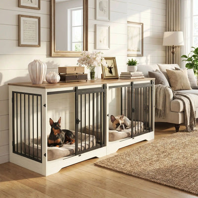 Meuble-cage-pour-chien-doublepetit et moyenne taille-cage 136 cm bois foncé et blanc, 4 portes avec 2 portes avant coulissantes avant en barreaux acier robuste et deux portes latérales en barreaux noir, avec séparateur amovible au milieu, rectangulaire et design moderne, imperméable et robuste avec serrures pour chiot et chien- unchien de race naine couché et un chien de petite taille qui dort paisiblement chacun dans leur espace dans le meuble niche double avec porte séparateur fermé dans le salon 