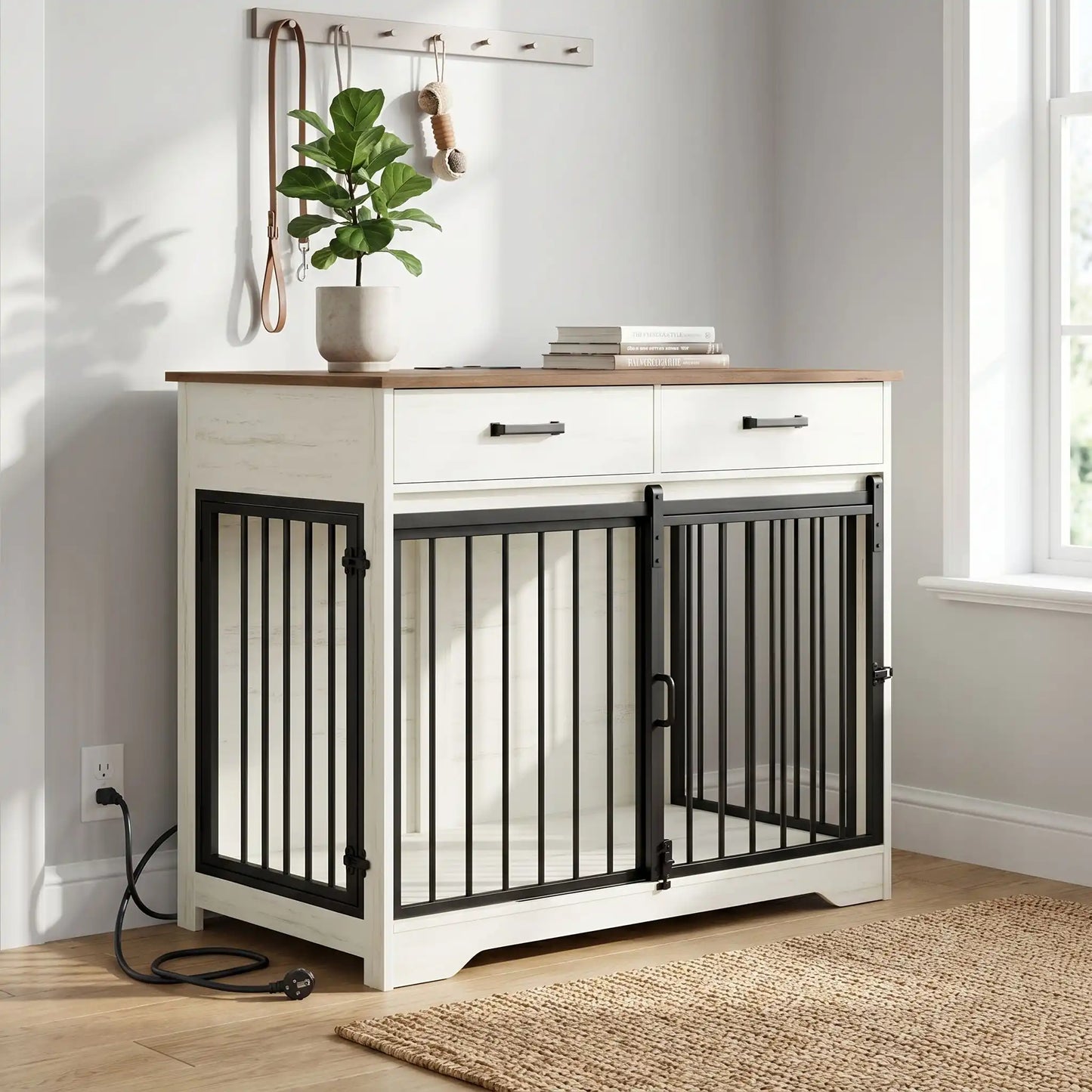 Meuble-cage-pour-chien-petit et moyenne taille-cage-97 cm en bois marron foncé et blanc, 3 portes avec 1 porte avant coulissante avant en barreaux acier robuste et deux portes latérales en barreaux noir, avec deux tiroirs de rangement, rectangulaire et design moderne, imperméable et robuste avec serrures pour chiot et chien de 0 à 25 kg-gros plan sur le meuble cage avec ses 3 portes fermées avec sa prise intégrée branché pour la station de recharge intégré sur la console avec 2 prises type C et 2 prises USB