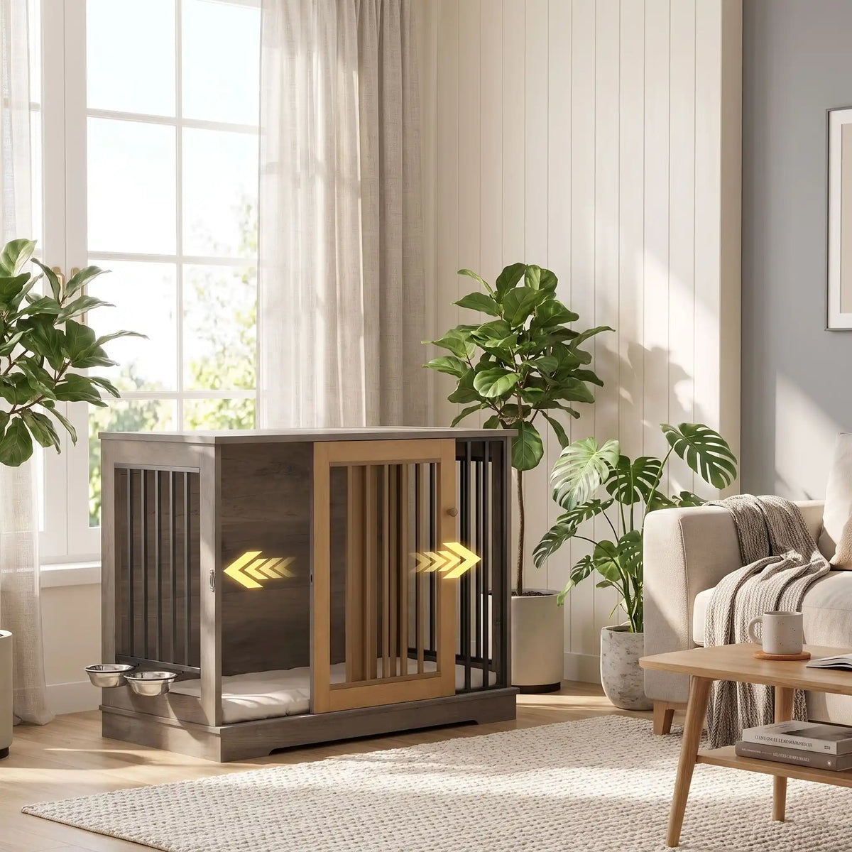 Meuble-cage-chien-chiot-niche-bois-acier 120 cm avec sa station d'alimentation et son support et 2 gamelles surélevés amovible pour une installation à l'intérieur ou à l'extérieur du meuble niche avec sa porte avant coulissante en barreaux solides pour une version fermée en cage avec sa serrure sécurisée, adapté au chiot et chien de 0 à 30 kg-gros plan sur le meuble niche en bois avec porte coulissante avant en action et barreaux sur 180° pour un effet niche sécurisant et ouvert dans le salon de la maison