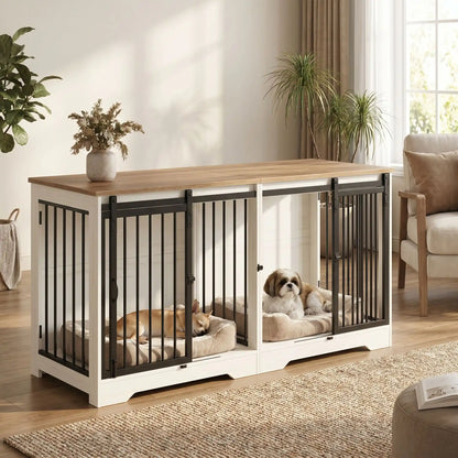Meuble-cage-pour-chien-doublepetit et moyenne taille-cage 136 cm bois foncé et blanc, 4 portes avec 2 portes avant coulissantes avant en barreaux acier robuste et deux portes latérales en barreaux noir, avec séparateur amovible au milieu, rectangulaire et design moderne, imperméable et robuste avec serrures pour chiot et chien- un petit chien couché et un chiot qui dort paisiblement chacun dans leur espace dans le meuble niche double avec porte séparateur fermé dans le salon de la maison