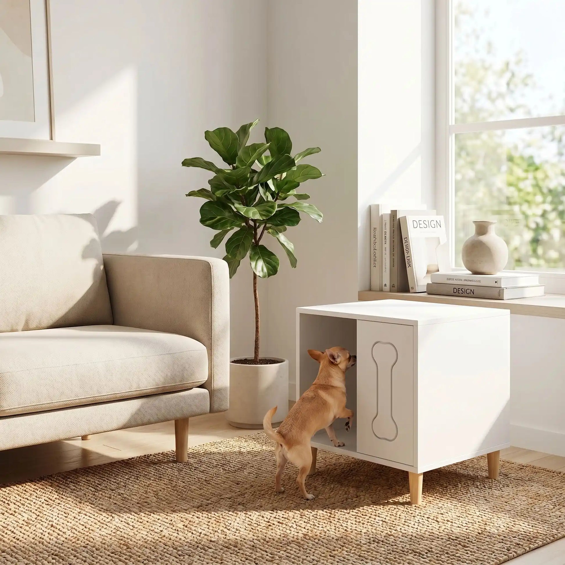Meuble-niche-chien-interieur en bois et au design contemporain de forme cubique sur 4 pieds surélevés en bois antidérapant avec un décor d'os gravé sur l'avant avec ouverture pour une entrée et descente facile sur un quart du meuble pour chiot et chien de petite taille de 0 à 3 kg-un chihuahua qui monte facilement dans sa niche en bois design qui sert de meuble d'appoint et de décoration dans le salon de l'appartement