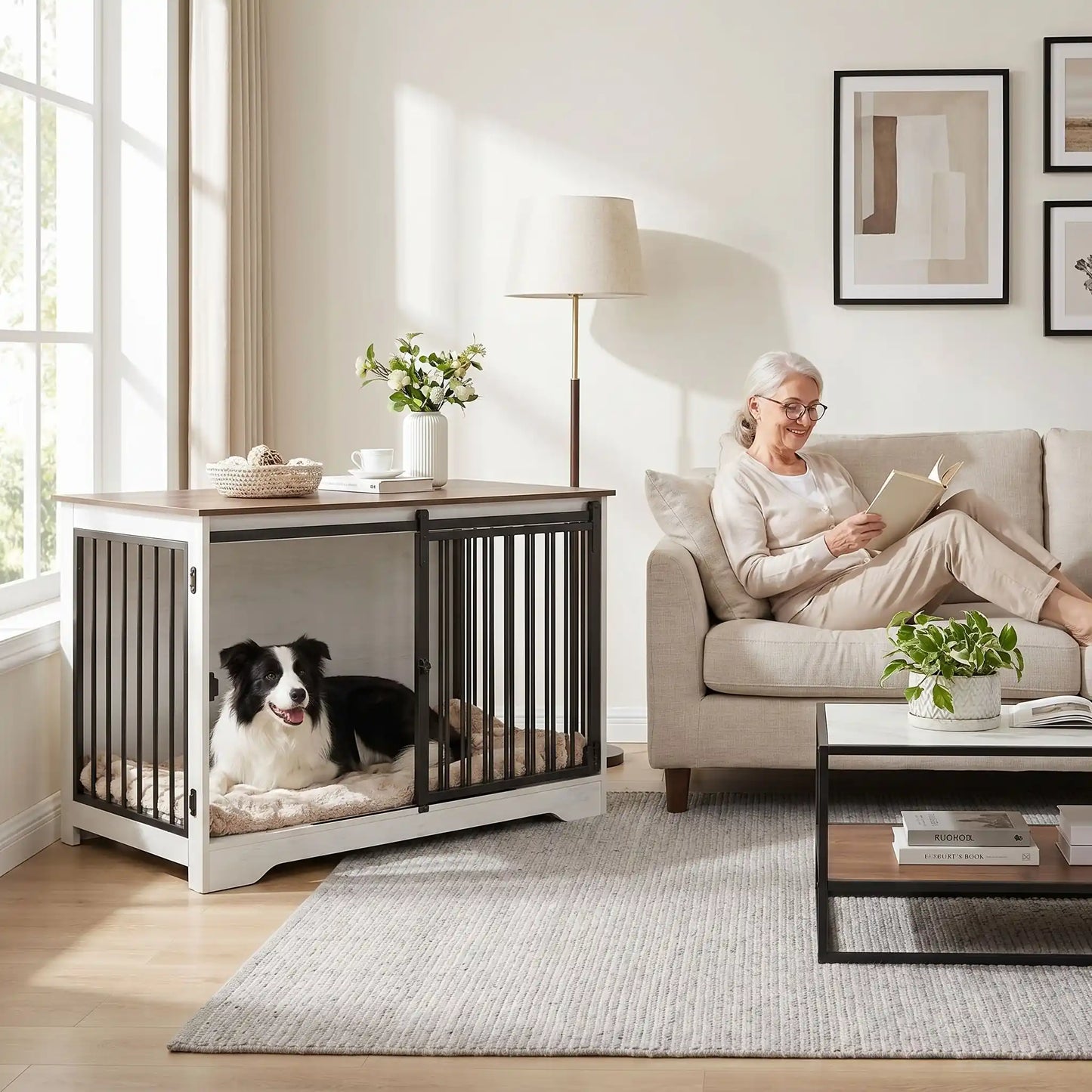 Meuble-niche-chien-interieur-cage-100-cm-Porte avant coulissante ultra-silencieuse qui économise l'espace-Porte latérale avec double système de verrouillage sécurisé- Tubes en acier robustes de 10 mm résistant à la mastication-Panneaux de particules épais impossibles à griffer-Points de soudure doubles sur chaque jonction-un border collie couché confortablement dans le meuble niche en bois blanc et marron à côté de sa maitresse qui lit sur le canapé dans le salon de la maison 