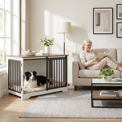 Meuble-niche-chien-interieur-cage-100-cm-Porte avant coulissante ultra-silencieuse qui économise l'espace-Porte latérale avec double système de verrouillage sécurisé- Tubes en acier robustes de 10 mm résistant à la mastication-Panneaux de particules épais impossibles à griffer-Points de soudure doubles sur chaque jonction-un border collie couché confortablement dans le meuble niche en bois blanc et marron à côté de sa maitresse qui lit sur le canapé dans le salon de la maison 