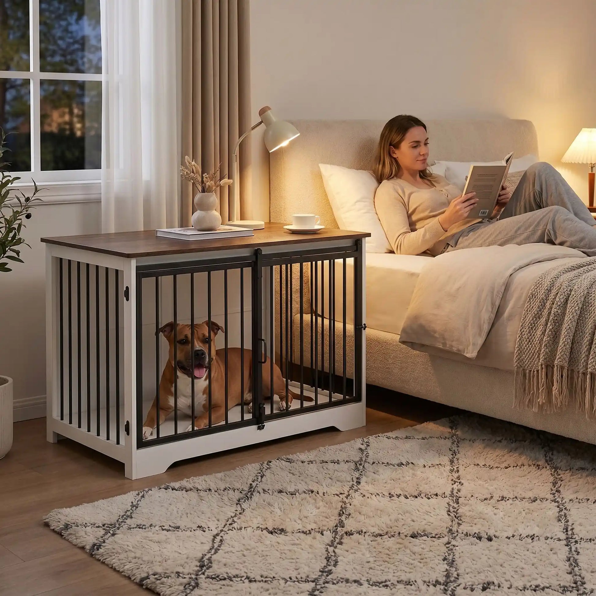 Meuble-niche-chien-interieur-cage-100-cm-Porte avant coulissante ultra-silencieuse qui économise l'espace-Porte latérale avec double système de verrouillage sécurisé- Tubes en acier robustes de 10 mm résistant à la mastication-Panneaux de particules épais impossibles à griffer-Points de soudure doubles sur chaque jonction-un Staffordshire Bull Terrier couché confortablement dans le meuble niche en bois blanc devenu table de chevet à côté du lit de sa maitresse qui lit allongée avant le dodo dans le chambre 