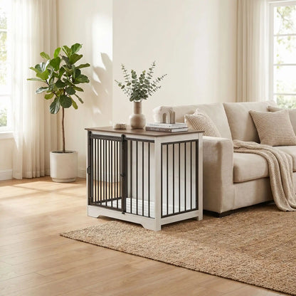 Dimensions extérieures : 100 x 60 x 68 cm-Dimensions intérieures de couchage :94 x 55 x 57,4 cm-Idéal pour chiot/chien jusqu'à 25 kg-Porte avant coulissante ultra-silencieuse qui économise l'espace-Porte latérale avec double système de verrouillage sécurisé- Barreau en acier robustes de 10 mm résistant à la mastication-Panneaux de particules épais impossibles à griffer-Points de soudure doubles sur chaque jonction-gros plan sur le meuble avec porte latérale et porte avant fermées, décorative et design 