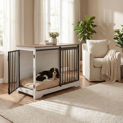 Meuble-niche-chien-interieur-cage-100-cm-Porte avant coulissante ultra-silencieuse qui économise l'espace-Porte latérale avec double système de verrouillage sécurisé- Tubes en acier robustes de 10 mm résistant à la mastication-Panneaux de particules épais impossibles à griffer-Points de soudure doubles sur chaque jonction-un chien moyen couché confortablement sur son matelas dans le meuble niche en bois blanc devenu console décorative avec 2 portes avec serrures qui peuvent être ouvertes ou fermées 