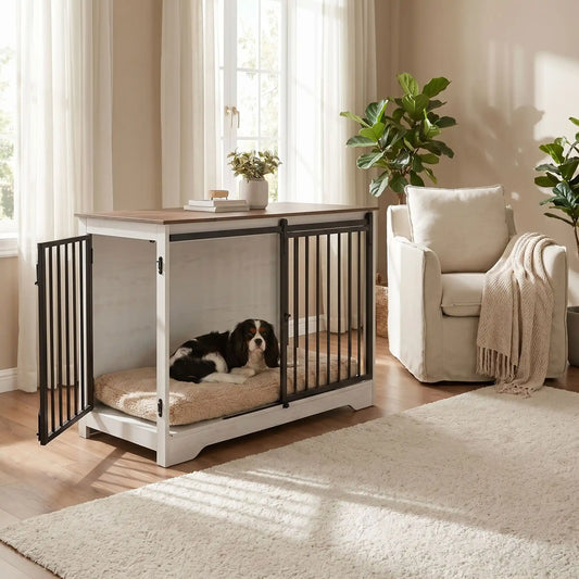 Meuble-niche-chien-interieur-cage-100-cm-Porte avant coulissante ultra-silencieuse qui économise l'espace-Porte latérale avec double système de verrouillage sécurisé- Tubes en acier robustes de 10 mm résistant à la mastication-Panneaux de particules épais impossibles à griffer-Points de soudure doubles sur chaque jonction-un chien moyen couché confortablement sur son matelas dans le meuble niche en bois blanc devenu console décorative avec 2 portes avec serrures qui peuvent être ouvertes ou fermées 