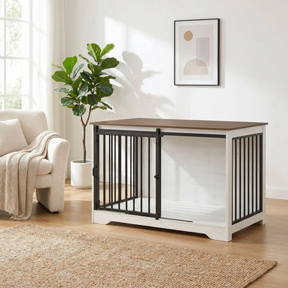 Dimensions extérieures : 100 x 60 x 68 cm-Dimensions intérieures de couchage :94 x 55 x 57,4 cm-Idéal pour chiot/chien jusqu'à 25 kg-Porte avant coulissante ultra-silencieuse qui économise l'espace-Porte latérale avec double système de verrouillage sécurisé- Tubes en acier robustes de 10 mm résistant à la mastication- Poignées ergonomiques pour une ouverture fluide et douce-Panneaux de particules épais impossibles à griffer-Points de soudure doubles sur chaque jonction-gros plan sur le meuble élégant blanc