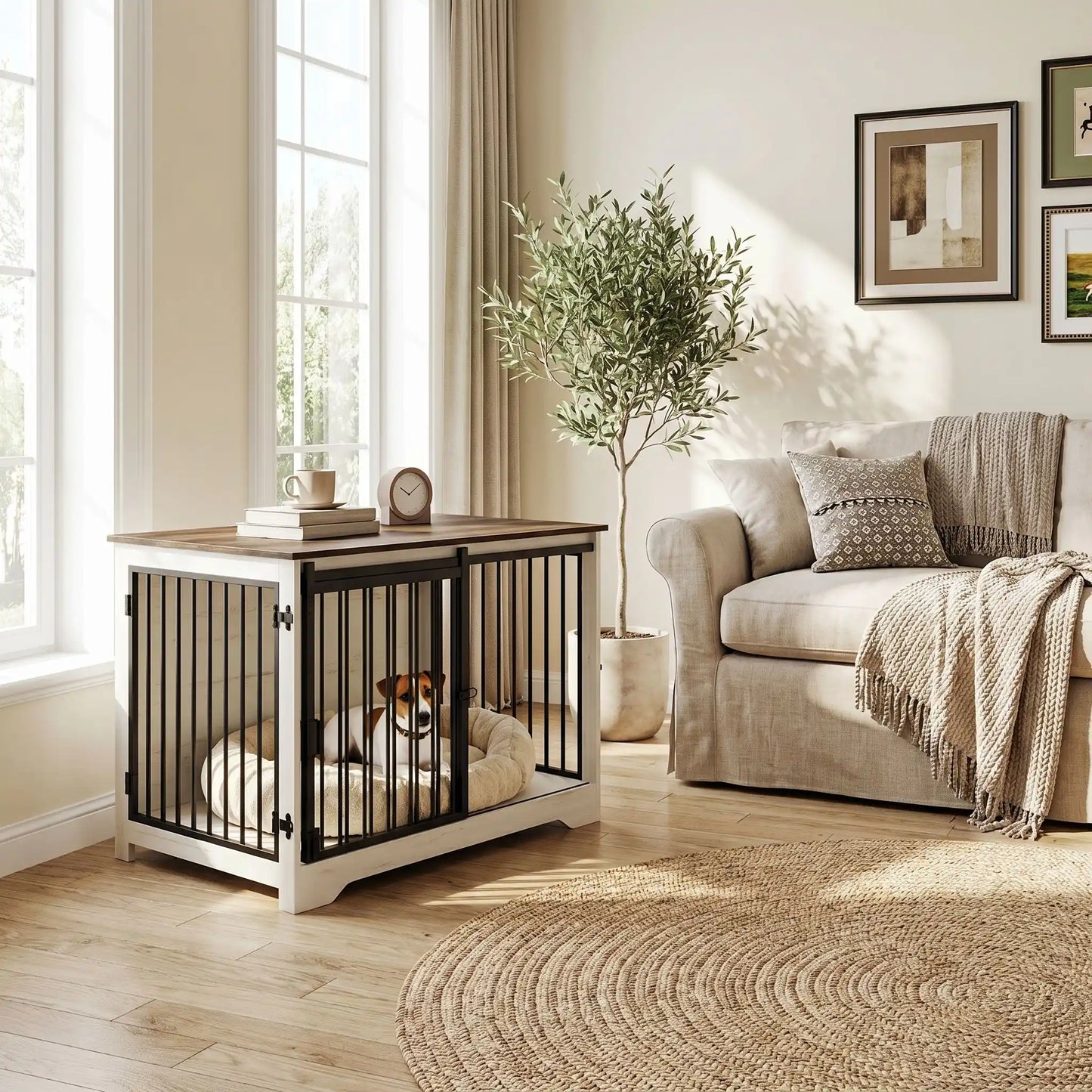 Meuble-niche-chien-interieur-cage-100-cm-Porte avant coulissante ultra-silencieuse qui économise l'espace-Porte latérale avec double système de verrouillage sécurisé- Tubes en acier robustes de 10 mm résistant à la mastication-Panneaux de particules épais impossibles à griffer-Points de soudure doubles sur chaque jonction-un Jack russell couché confortablement dans son coussin rond dans le meuble niche en bois blanc devenu console décorative avec 2 portes avec serrures pour une cage design et robuste 