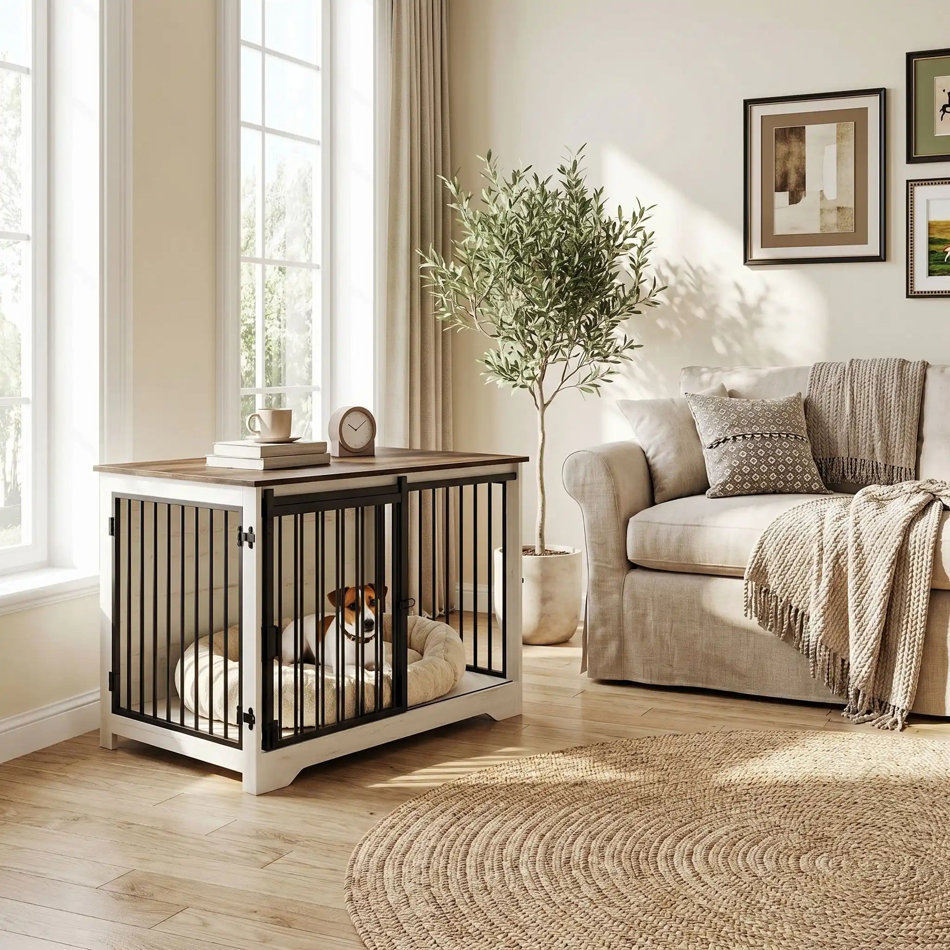 Meuble-niche-chien-interieur-cage-100-cm-Porte avant coulissante ultra-silencieuse qui économise l'espace-Porte latérale avec double système de verrouillage sécurisé- Tubes en acier robustes de 10 mm résistant à la mastication-Panneaux de particules épais impossibles à griffer-Points de soudure doubles sur chaque jonction-un Jack russell couché confortablement dans son coussin rond dans le meuble niche en bois blanc devenu console décorative avec 2 portes avec serrures pour une cage design et robuste 