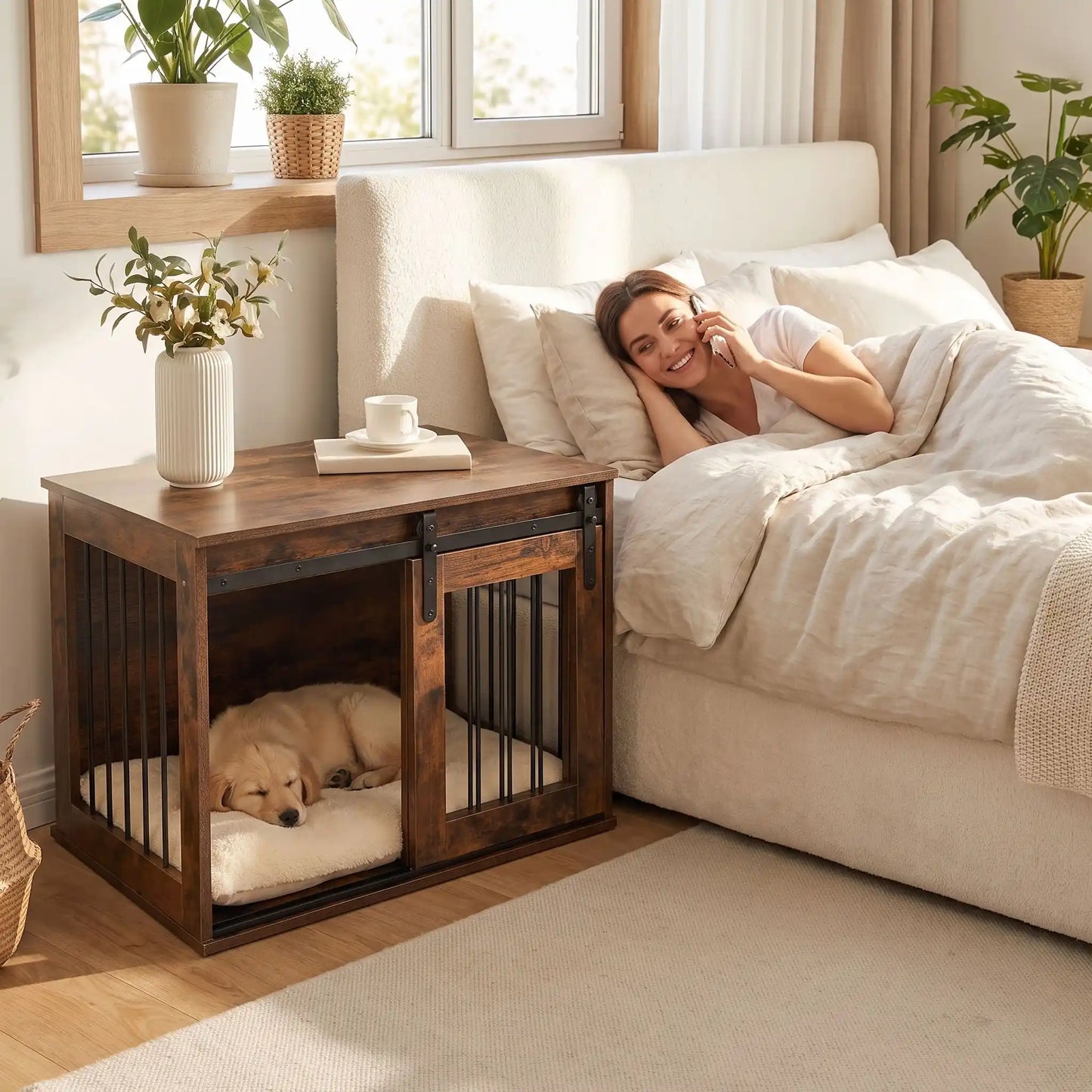 Meuble-niche-chien-interieur-chiot-cosy-en bois avec porte avant coulissante et silencieuse, et barreaux en acier transformable en cage pour chiot et chien de petite à moyenne taille de 0 à 20 kilos, structure robuste et design chic et moderne de couleur bois brut- un chiot qui dort couché sur son lit dans le meuble niche avec la porte latérale ouverte, utilisé comme table de chevet contre le lit où sa maîtresse téléphone allongée dans la chambre de la maison