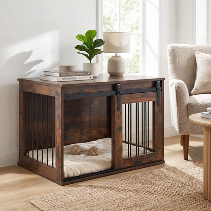Meuble-niche-chien-interieur-chiot-cosy-en bois avec porte avant coulissante et silencieuse, et barreaux en acier transformable en cage pour chiot et chien de petite à moyenne taille de 0 à 20 kilos, structure robuste et design chic et moderne de couleur bois brut- gros plan sur le meuble niche pour chien et chiot avec un lit et un jouet de chine à l'interieure et la porte latérale ouverte en mode niche ouverte avec barreaux en acier renforcé anti morsures sur 360° de forme compact  dans le salon 